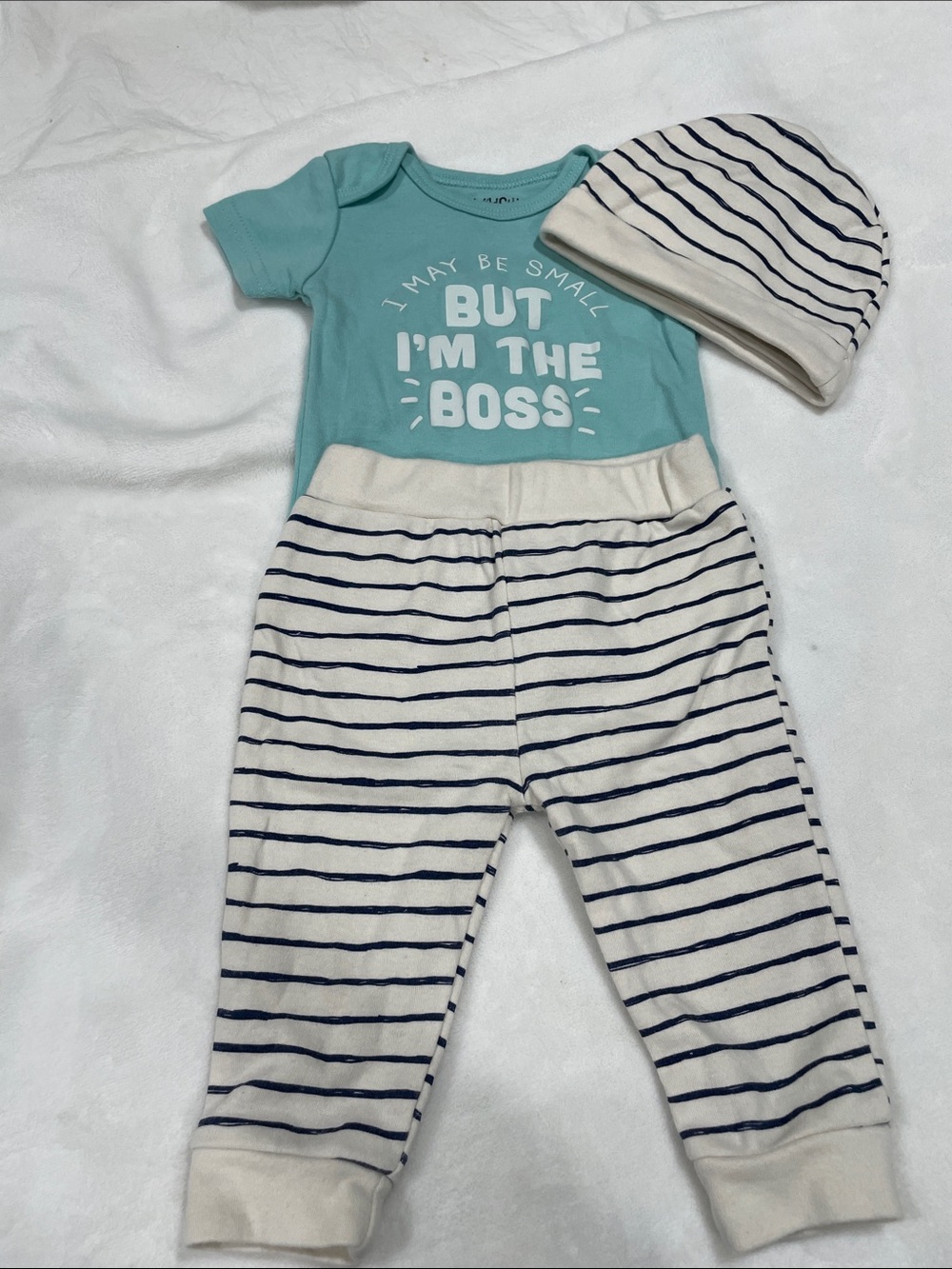 Aqua "But I'm The Boss" Baby One-Piece Set with Striped Pants & Hat